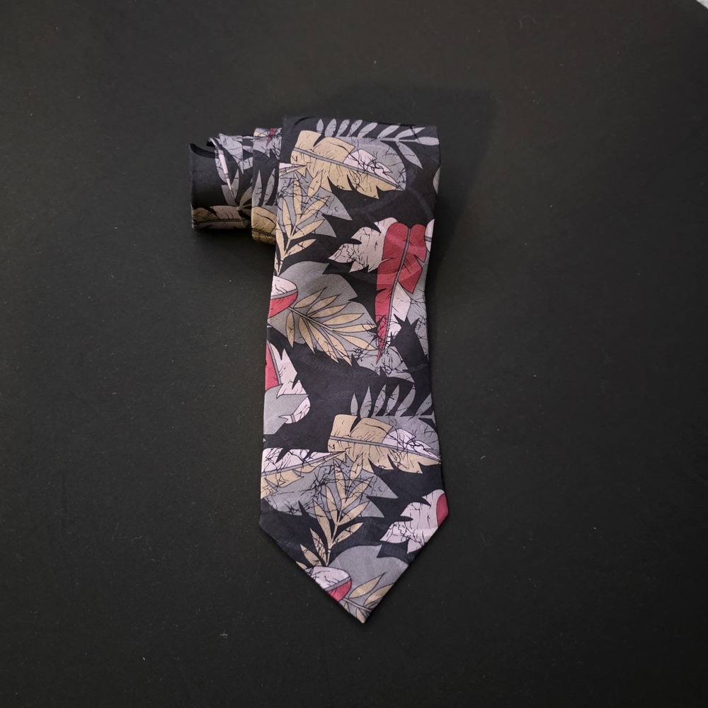 Unbranded Men's Necktie Tie Silk Satin Palm Fronds, Black / Tan / Gray/ Burgundy